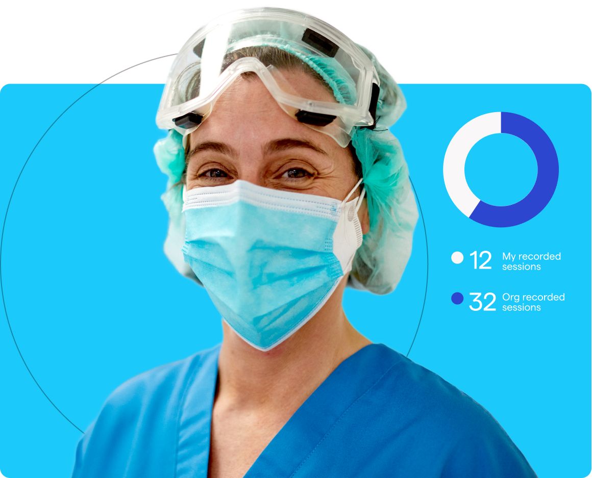 Heroic portrait of female surgeon, alongside Proximie data infographics.